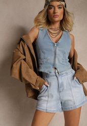 Niebieskie Szorty Jeansowe z Bawełną High Waist i Przeszyciami Tiledia. Niebieskie szorty damskie Renee, bez wzorów, z bawełny, klasyczne, z podwyższonym stanem. Za 79.99 zł.