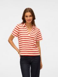 Vero Moda Koszulka polo w kolorze kremowo-czerwonym rozmiar: XL. Brązowe bluzki damskie Vero Moda, xl, bez wzorów, bez kołnierzyka, bez ramiączek. Za 83.42 zł.