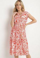 Czerwona Bawełniana Rozkloszowana Sukienka z Geometrycznym Wzorem Annivaria. Czerwone sukienki damskie Born2be, na co dzień, l, bez wzorów, z bawełny, eleganckie, bez kołnierzyka, bez ramiączek, midi, rozkloszowane. W wyprzedaży za 47.99 zł.