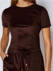 Koszulka basic z welurowym wykończeniem - brązowy. Brązowe t-shirty damskie Sinsay, l, bez wzorów, z weluru, bez kołnierzyka. Za 29.99 zł.