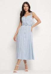 Niebieska Sukienka Rozkloszowana na Ramiączkach z Paskiem Nevirana. Niebieskie sukienki damskie Born2be, l, bez wzorów, eleganckie, bez kołnierzyka, bez ramiączek, midi, rozkloszowane. W wyprzedaży za 151.99 zł.