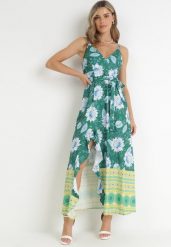 Ciemnozielona Sukienka Maxi na Cienkich Ramiączkach i Materiałowym Paskiem Adakila. Zielone sukienki damskie Born2be, l, bez wzorów, z materiału, eleganckie, bez kołnierzyka, bez ramiączek, maxi. W wyprzedaży za 63.99 zł.