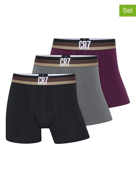 CR7 Bokserki (3 pary) w kolorze czarnym, szarym i fioletowym rozmiar: XXL. Czarne bokserki męskie CR7, bez wzorów. Za 124.95 zł.