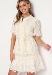 Jasnobeżowa Bawełniana Ażurowa Sukienka w Stylu Boho z Falbanką i Paskiem Nelisse. Brązowe sukienki damskie Born2be, na lato, l, w ażurowe wzory, z bawełny, boho, bez kołnierzyka, bez ramiączek, midi, kopertowe. W wyprzedaży za 175.99 zł.