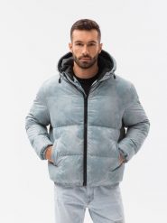 Kurtka męska puffer - jasnoniebieska V1 - Rozmiar: L. Niebieskie kurtki męskie Ombre Clothing, na zimę, l, bez wzorów, z materiału, sportowe, bez kaptura. W wyprzedaży za 99.99 zł.