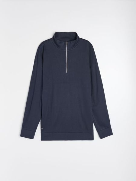 Bawełniana bluza ze stójką i krótkim zamkiem - granatowy. Niebieskie bluzy bez kaptura męskie Sinsay, l, z bawełny. Za 49.99 zł.