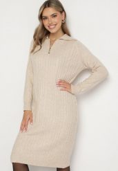 Jasnobeżowa Sukienka z Bawełną i Wełną z Kołnierzykiem na Suwak Tereithra. Brązowe sukienki damskie Born2be, na co dzień, bez wzorów, z bawełny, eleganckie, bez kołnierzyka, bez ramiączek, midi, proste. W wyprzedaży za 63.99 zł.