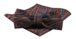 Męska Mucha z Poszetką w Zestawie - Alties - Granat z Miedzianym Wzorem. Niebieskie krawaty i muchy męskie Alties, bez wzorów, eleganckie. Za 54.00 zł.