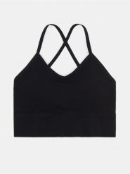Bezszwowy top sportowy z wyjmowanymi miseczkami - czarny. Czarne topy sportowe damskie Sinsay, l, bez wzorów, bez ramiączek. Za 25.99 zł.