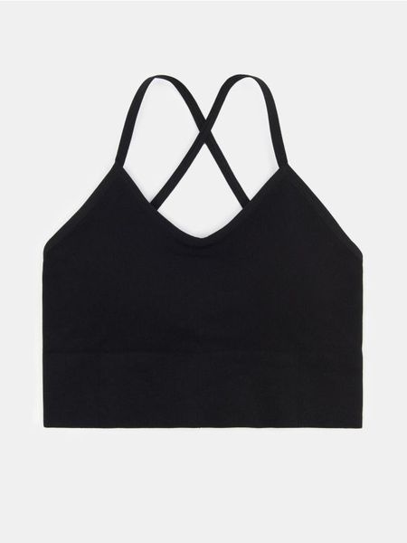 Bezszwowy top sportowy z wyjmowanymi miseczkami - czarny. Czarne topy sportowe damskie Sinsay, l, bez wzorów, bez ramiączek. Za 25.99 zł.