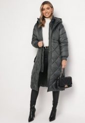 Ciemnozielona Kurtka za Kolano Pikowana z Wiązanym Paskiem Claze. Zielone kurtki damskie Born2be, l, bez wzorów, z materiału, bez kaptura. Za 349.99 zł.