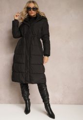Czarna Pikowana Kurtka Płaszcz z Kapturem i Gumką w Pasie Elastia. Czarne kurtki damskie Renee, na jesień, l, bez wzorów, eleganckie. Za 139.99 zł.