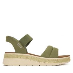 Sandały Skechers. Zielone sandały damskie Skechers, bez wzorów, bez obcasa, na płaskiej podeszwie. Za 289.99 zł.