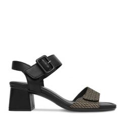 Sandały Remonte. Czarne sandały damskie Remonte, bez wzorów, bez obcasa, na słupku. Za 369.99 zł.