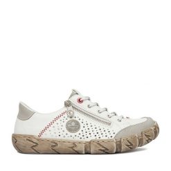 Półbuty Rieker. Białe półbuty damskie Rieker, bez wzorów, bez obcasa, na płaskiej podeszwie. Za 369.99 zł.