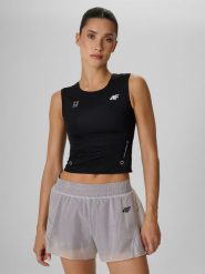 4F Crop top treningowy szybkoschnący damski - czarny S. Czarne topy damskie 4f, l, bez wzorów, bez kołnierzyka. Za 99.99 zł.