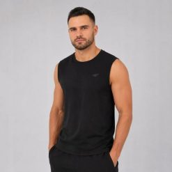 KOSZULKA MĘSKA BEZ RĘKAWÓW 4F TANK TOP SPORTOWA XL TSLEM125. Czarne t-shirty sportowe męskie 4f, m, z bawełny, bez ramiączek, na fitness i siłownię. Za 34.06 zł.