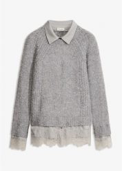 Sweter z koszulową wstawką. Szare swetry klasyczne damskie bonprix, z koronki, bez kołnierzyka. Za 129.99 zł.