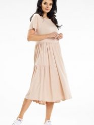 Sukienka Model A639 Beige - awama. Brązowe sukienki damskie Awama, na spacer, na lato, l, bez wzorów, z bawełny, bez kołnierzyka, bez ramiączek, midi. Za 340.97 zł.