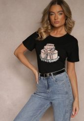 Czarny Bawełniany T-shirt z Kokardą 3D i Nadrukiem Tortu Sanaviela. Czarne t-shirty damskie Renee, l, bez wzorów, z bawełny, bez kołnierzyka. Za 39.99 zł.