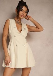 Beżowa Sukienka o Rozkloszowanym Kroju z Guzikami Tallisca. Brązowe sukienki damskie Renee, m, bez wzorów, eleganckie, bez kołnierzyka, bez ramiączek, mini, rozkloszowane. W wyprzedaży za 97.99 zł.