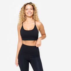 Stanik sportowy Domyos prążkowany. Czarne biustonosze sportowe damskie DOMYOS, bez wzorów, z elastanu. Za 69.99 zł.