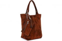 Włoska Torebka Skórzana Zamszowa A4 Shopperka brązowa T49. Brązowe torebki klasyczne damskie bez wzorów, ze skóry, małe, zamszowe, bez dodatków. Za 189.99 zł.