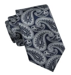 Elegancki Krawat Męski - Alties - Granatowy w Duże, Popielate Paisley. Niebieskie krawaty i muchy męskie Alties, bez wzorów, z tkaniny, eleganckie. Za 49.00 zł.