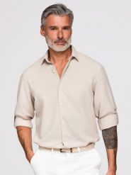 Męska wiskozowo-lniana koszula o kroju regular - beżowa V1 - Rozmiar: S. Szare koszule męskie Ombre Clothing, m, bez wzorów, z denimu, bez kołnierzyka, bez ramiączek. W wyprzedaży za 129.99 zł.