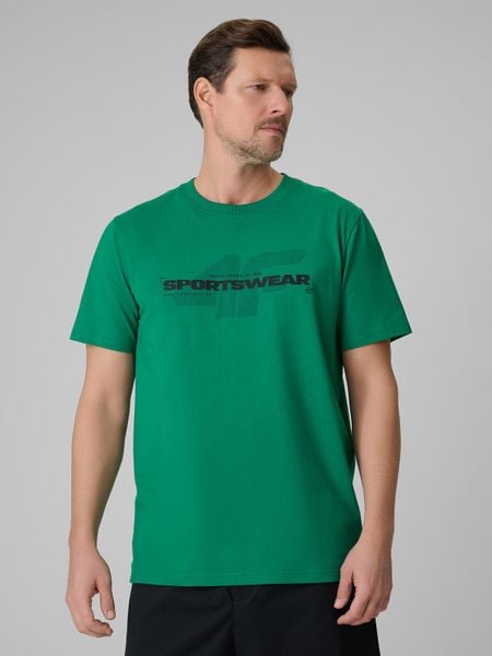 4F T-shirt regular z nadrukiem męski - zielony XL. Zielone t-shirty męskie 4f, m, bez wzorów, z bawełny, bez kołnierzyka. Za 59.99 zł.