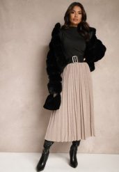 Beżowa Połyskująca Spódnica o Rozkloszowanym Kroju z Gumką w Pasie i Plisami Edalliana. Brązowe spódniczki damskie Renee, l, bez wzorów, z materiału, eleganckie, midi, dopasowane. Za 119.99 zł.