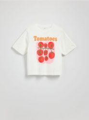 T-shirt z nadrukiem - złamana biel. T-shirty damskie Reserved, l, bez wzorów, z bawełny, bez kołnierzyka. W wyprzedaży za 35.99 zł.