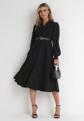 Czarna Sukienka Rozkloszowana z Paskiem Aidyn. Czarne sukienki damskie Born2be, na imprezę, bez wzorów, eleganckie, bez kołnierzyka, bez ramiączek, midi, kopertowe. W wyprzedaży za 119.99 zł.