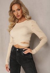 Beżowy Dopasowany Sweter z Wycięciami w Talii Aasiriz. Brązowe swetry klasyczne damskie Renee, z jeansu, bez kołnierzyka. Za 129.99 zł.
