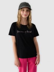 4F T-shirt z nadrukiem dziewczęcy - czarny 122 (6-7 lat). Czarne koszulki dziewczęce 4f, bez wzorów, z bawełny, bez ramiączek. W wyprzedaży za 19.99 zł.