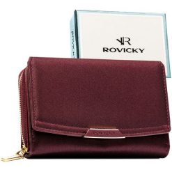 Śliwkowy portfel damski ze skóry ekologicznej wyposażony w system RFID - Rovicky. Portfele damskie ROVICKY, bez wzorów, ze skóry ekologicznej. Za 79.99 zł.