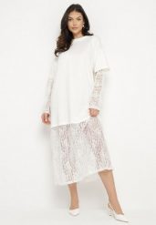 Biała Sukienka o T-shirtowym Kroju z Koronkowymi Wstawkami Janirienne. Białe sukienki damskie Born2be, na co dzień, bez wzorów, z koronki, eleganckie, bez kołnierzyka, bez ramiączek, maxi. W wyprzedaży za 87.99 zł.