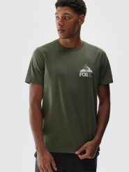 4F T-shirt regular z nadrukiem męski - oliwkowy/khaki S. Brązowe t-shirty męskie 4f, m, bez wzorów, z bawełny, bez kołnierzyka. W wyprzedaży za 39.99 zł.