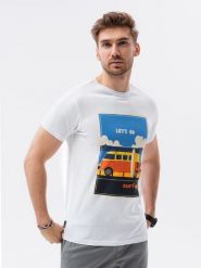 T-shirt męski z nadrukiem - biały V8A - Rozmiar: XL. Białe t-shirty męskie Ombre Clothing, m, bez wzorów, z bawełny, bez kołnierzyka. W wyprzedaży za 29.99 zł.