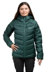 Kurtka trekkingowa puchowa damska Glaceon Pro Women. Zielone kurtki damskie RAB, na zimę, s, bez wzorów, z materiału, z kapturem. Za 1,259.99 zł.