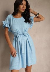 Jasnoniebieska Sukienka z Paskiem i Falbankami przy Rękawach Folunelle. Niebieskie sukienki damskie Renee, na co dzień, bez wzorów, eleganckie, bez kołnierzyka, bez ramiączek, mini. Za 89.99 zł.