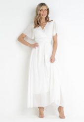 Biała Kopertowa Sukienka Maxi z Gumką w Pasie Narlin. Białe sukienki damskie Born2be, na co dzień, na lato, uniwersalny, bez wzorów, eleganckie, bez kołnierzyka, bez ramiączek, maxi, kopertowe. W wyprzedaży za 111.99 zł.