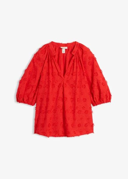 Bluzka tunikowa z czystej bawełny. Czerwone bluzki damskie bonprix, bez wzorów, z bawełny, bez kołnierzyka, bez ramiączek. Za 144.99 zł.