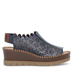 Sandały Rieker. Niebieskie sandały damskie Rieker, bez wzorów, bez obcasa, na koturnie. Za 339.99 zł.