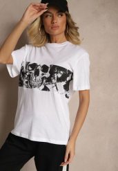 Biała Bawełniana Koszulka T-shirt z Nadrukiem Czaszki Lanavira. Białe bluzki damskie Renee, l, bez wzorów, z bawełny, biznesowe, bez kołnierzyka, bez ramiączek. Za 34.99 zł.