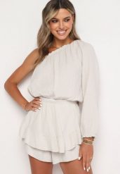 Beżowy Muślinowy Kombinezon z Bawełny na Jedno Ramię z Gumką w Pasie Vimaree. Brązowe kombinezony damskie Born2be, s, bez wzorów, z bawełny, z asymetrycznym kołnierzem, bez ramiączek. Za 139.99 zł.