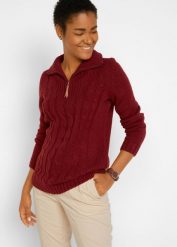 Sweter ze stójką we wzór w warkocze. Czerwone golfy damskie bonprix, bez wzorów, ze skóry, bez ramiączek. Za 109.99 zł.