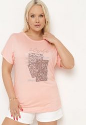 Jasnoróżowy Bawełniany T-shirt z Ozdobnym Napisem i Cyrkoniami Krisiona. Czerwone t-shirty damskie Born2be, l, bez wzorów, z bawełny, bez kołnierzyka. Za 34.99 zł.