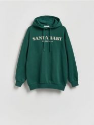 Bluza ze świątecznym napisem - ciemnozielony. Zielone bluzy bez kaptura damskie Reserved, l, z bawełny. W wyprzedaży za 89.99 zł.