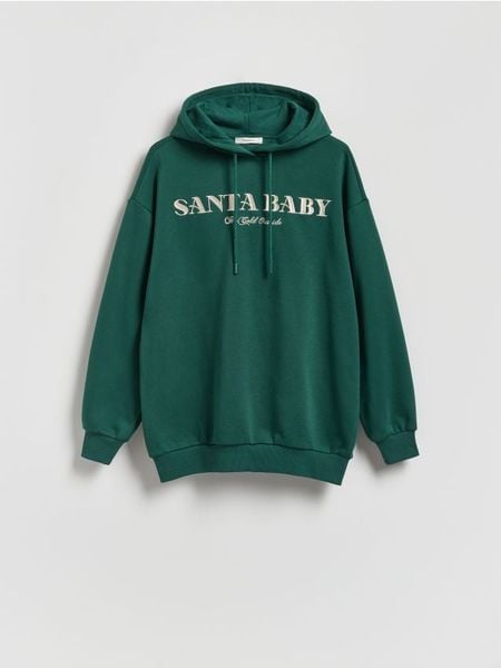 Bluza ze świątecznym napisem - ciemnozielony. Zielone bluzy bez kaptura damskie Reserved, l, z bawełny. W wyprzedaży za 89.99 zł.